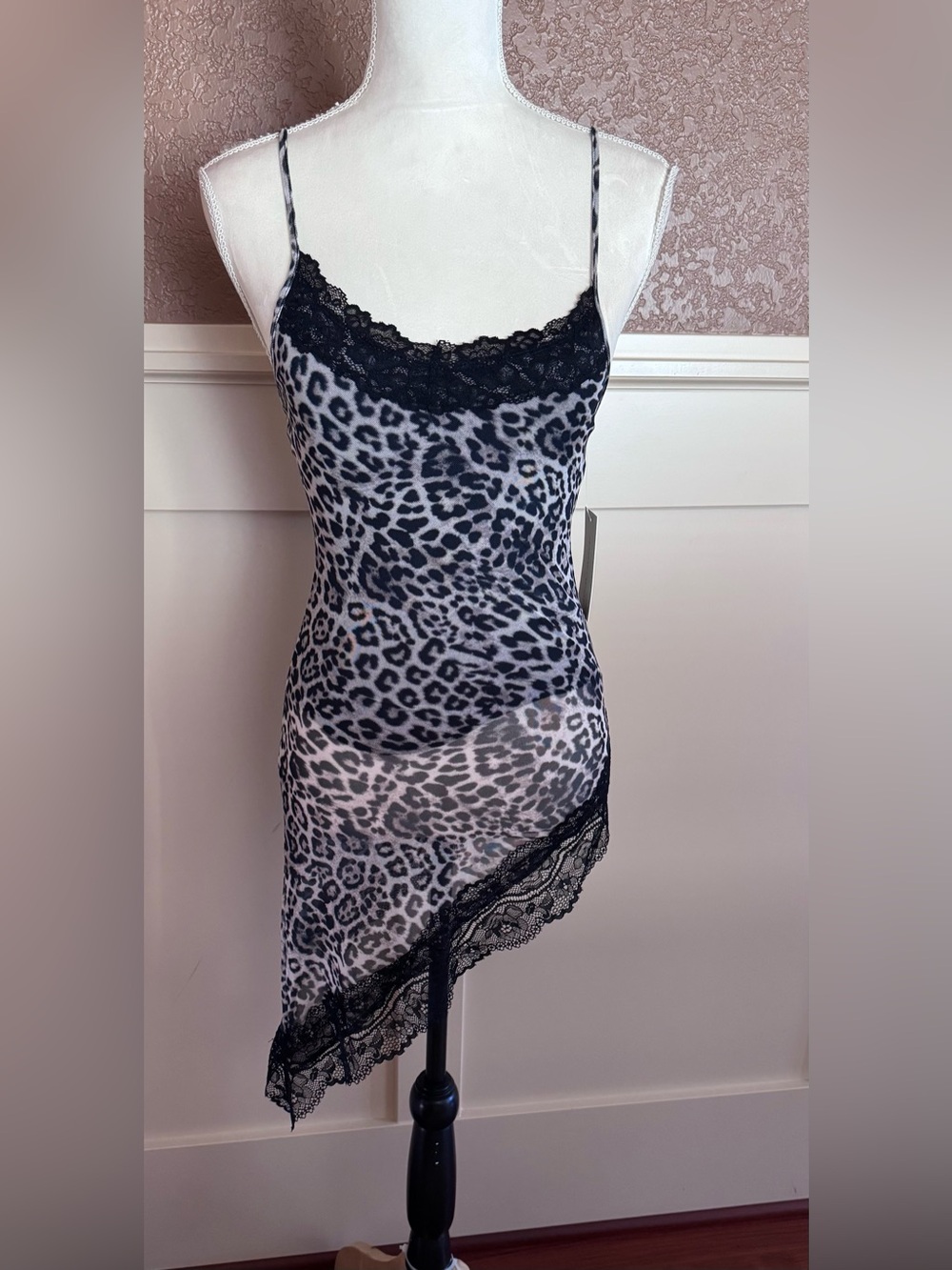 Y2K Leopard Print Lace-Trim Slip Tank - Black/tan